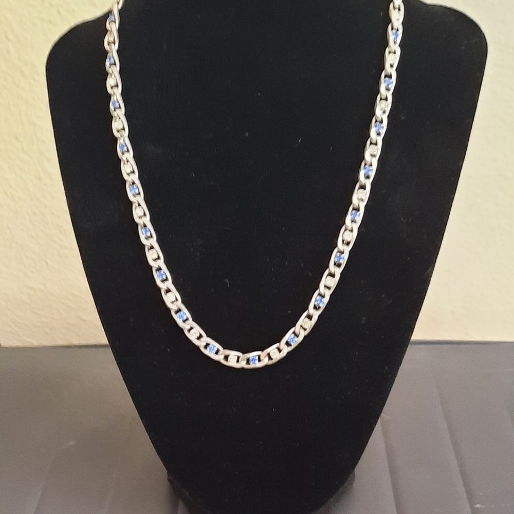 Silver Necklace and Bracelet with Blue and White Crystals
